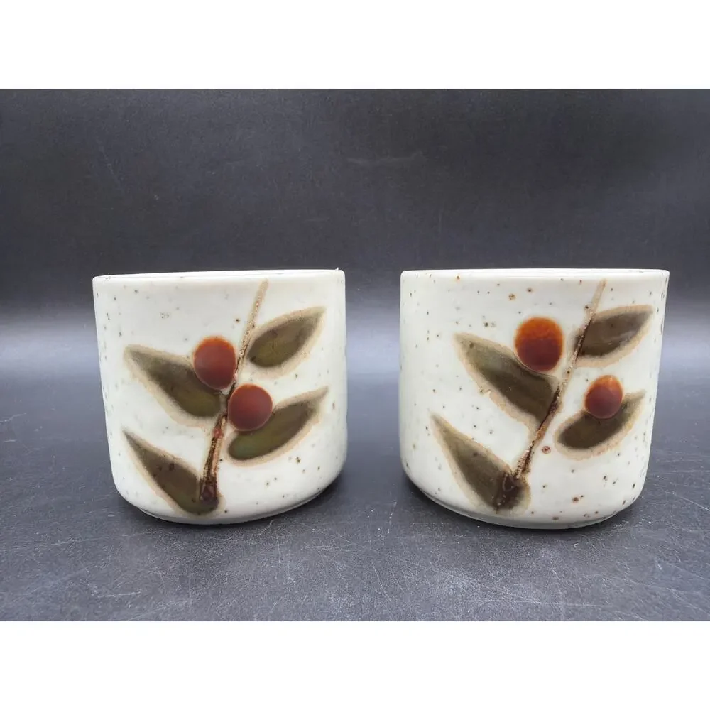 Vintage Otagiri Japan Bittersweet Stoneware Cups Pair Berry Leaf Speckled